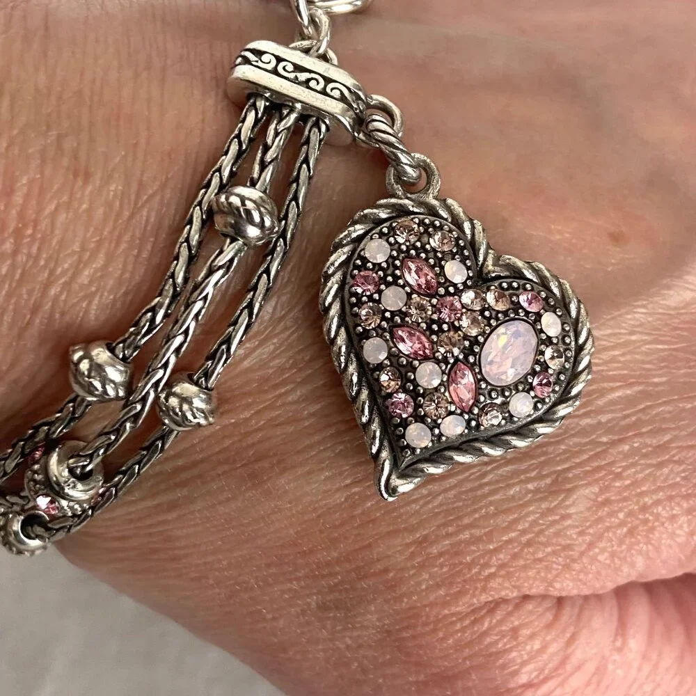 Brighton Power Of Pink Crystal Heart Charm 3 Strand Breast Cancer Bracelet